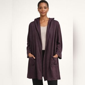 Eileen Fisher Cardigan Women's PL Eggplant Long Hooded Open Front Duster Soft
